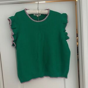 Boden Green Sweater with Pink Trim